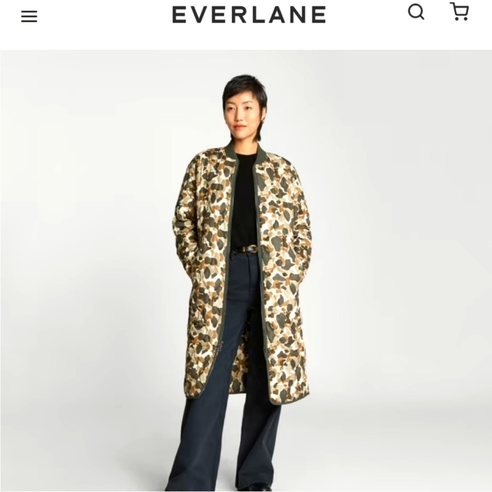$120 everlane the renew quilted long liner jacket camouflage